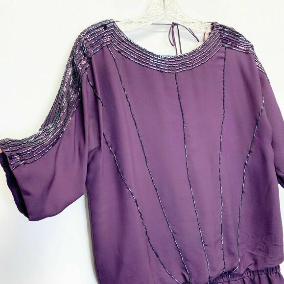 Tibi Beaded Silk Open Back Mini Dress Embellished Sleeve Backless Purple sz 6 - Picture 3 of 11